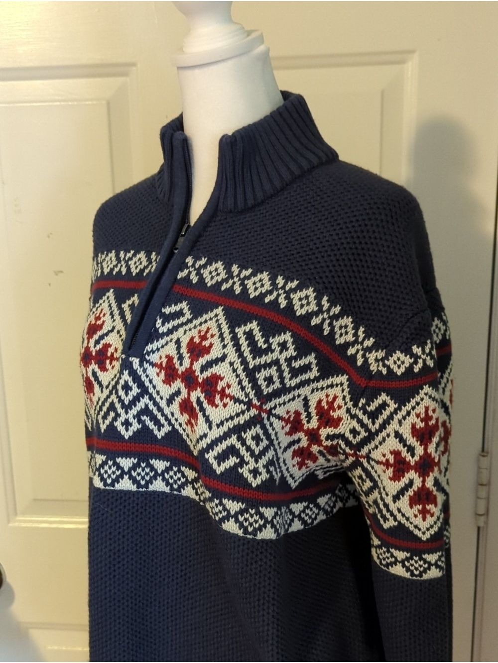 Izod Navy Fair Isle Quarter-Zip Sweater Red White XL Women's Ski Snow Holiday - Picture 2 of 11